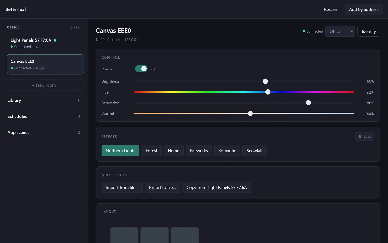 The Betterleaf window: a room and two lights in the sidebar, and one light's power, brightness, hue, saturation and warmth controls with its scenes underneath