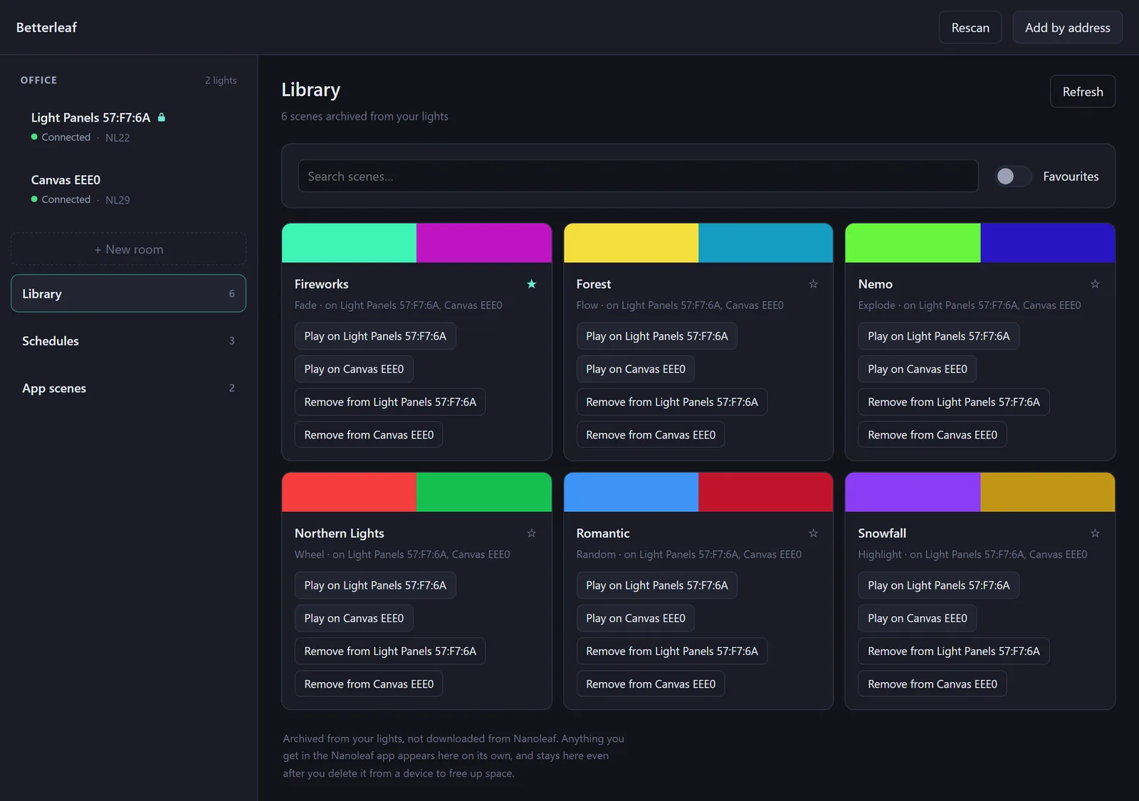 The Library: six archived scenes as cards with colour swatches, the motion each uses, which lights hold it, and buttons to play, add or remove it per light